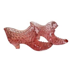 FENTON 1960's Glass Hobnail Pink Shoe Slipper Cat Head shoe pair
